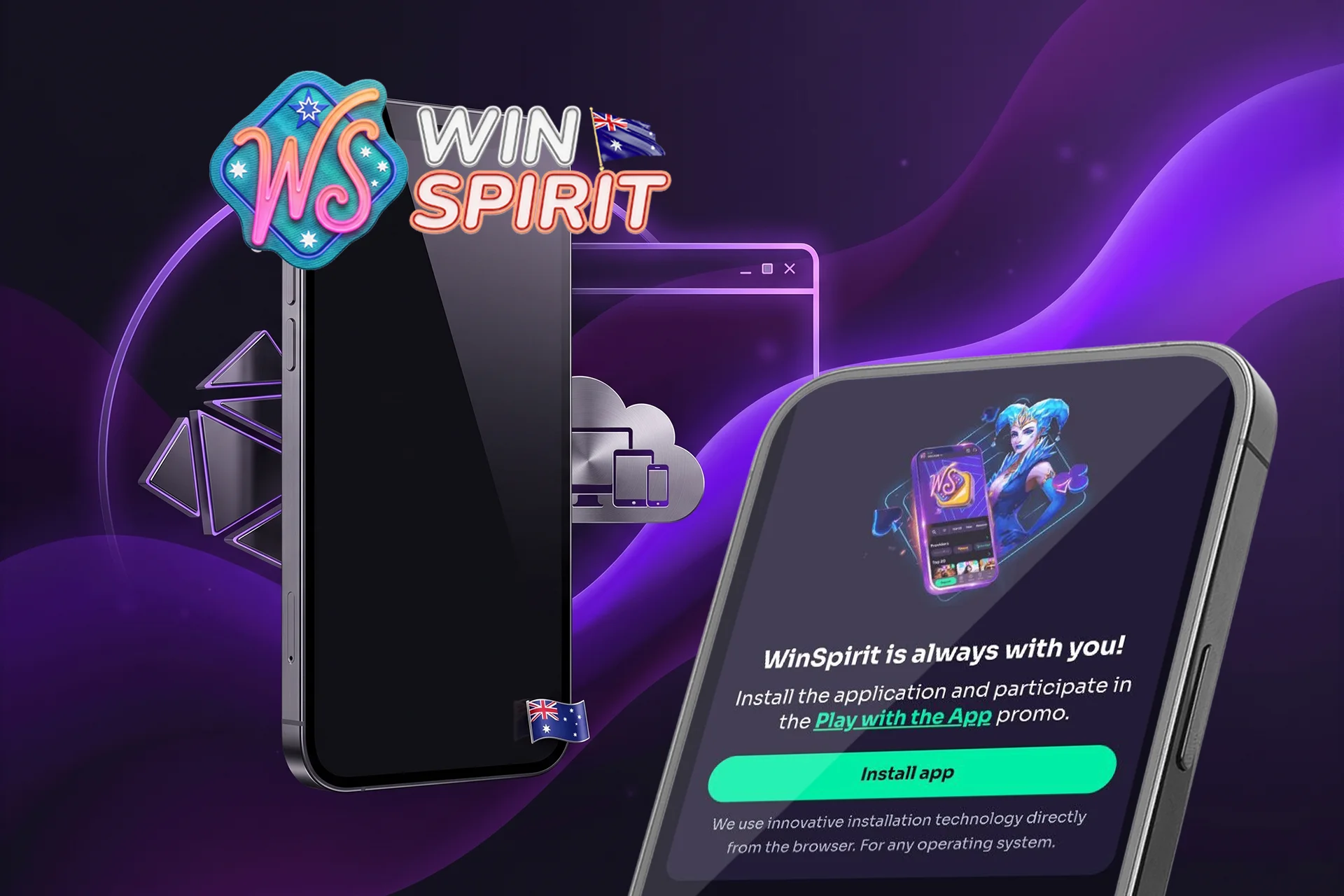 Convenient mobile play and official application installation, showing a smartphone prompt to download the app alongside cloud syncing icons